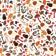 Fototapeta na wymiar Seamless vector pattern with mushrooms, cones, needles, and berries. Illustration of a forest clearing. Design for paper and fabric