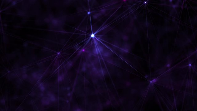 Mathematics geometry and logic in universe as concept in light and network of existence in void. Purple shiny glowing 3D animation with selective focus and extreme depth of field on black background.