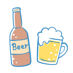 手描き風瓶ビールとジョッキ