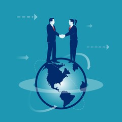 Businesspeople shaking hands on earth globe isolated on blue background