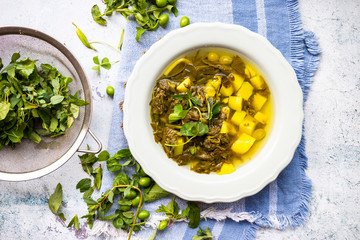 Soup of edible wild flowers and berries - sorrel, clover, dandelion, nettles. Vegan healthy food.