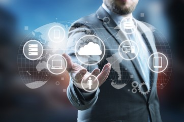 Businessman hand with social media illustration