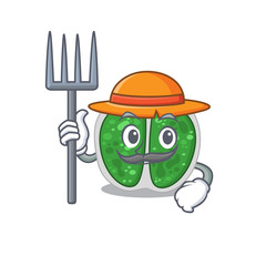 Cartoon character design of chroococcales bacteria as a Farmer with hat and pitchfork
