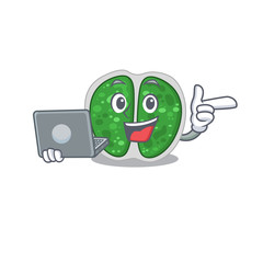 Cartoon character of chroococcales bacteria clever student studying with a laptop