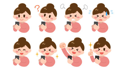 スマートフォンを操作する女性イラストセット