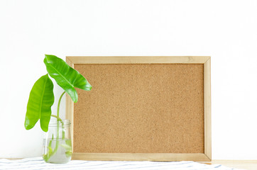 Burle Marx Philodendron,indoor green leaves plant in glass jar with water beside wooden cork notice board on wooden table table white concrete background