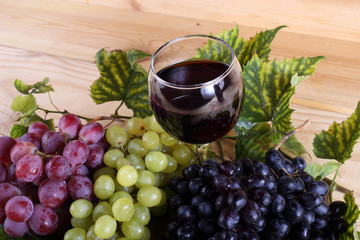 Grape and wine on table