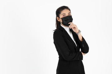 Portrait young Asian business woman in suit wearing face mask on white isolated background. Coronavirus flu virus , Covid 19 , Air pollution pm2.5 concept.