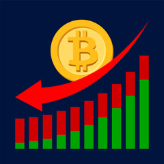 bitcoin currency on graph with red arrow pointing down, gold bitcoin money symbol on chart bar and red arrow down point, currency digital money on graphic graph, golden bitcoin icon on graph