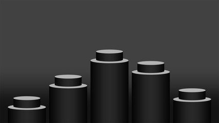 black pedestal cylinder circle five steps for cosmetics showcase, 3d podium circle stage black grey color, platform 5 steps for advertising copy space, podium round five layers for product display