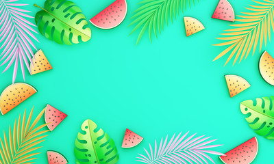 Fototapeta premium Tropical palm leaves, monstera, watermelon banners template on blue background, invitation card design, summer background, copy space text area, 3D rendering illustration.