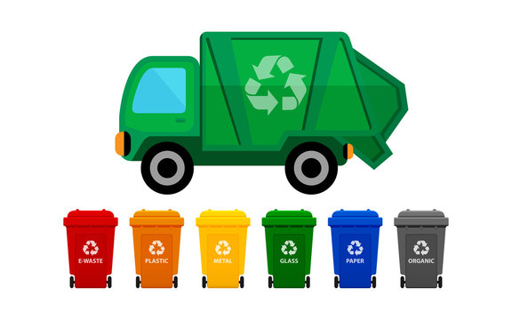 garbage truck and various types of trash bin isolated on white background, recycle truck waste and bins multi colors, garbage truck and dustbin with wheels, garbage truck green and wheel trash bin