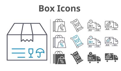 box icons icon set included shopping bag, package, delivery truck, trolley icons