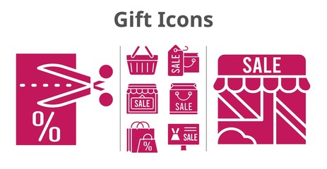 gift icons set. included shopping bag, online shop, shop, voucher, shopping-basket icons. filled styles.