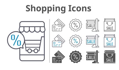 shopping icons icon set included online shop, shopping bag, sale, discount, credit card icons