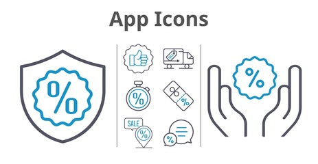 app icons set. included like, chat, warranty, discount, placeholder, delivery truck, stopwatch icons. bicolor styles.