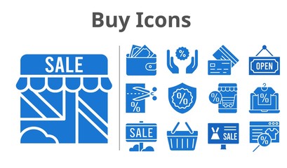 buy icons set. included online shop, sale, shop, wallet, voucher, discount, warranty, shopping-basket, credit card, open icons. filled styles.