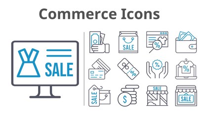 commerce icons set. included online shop, shopping bag, shop, wallet, money, discount, credit card icons. bicolor styles.