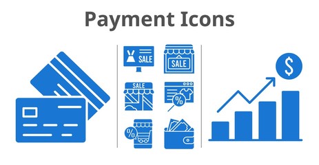 payment icons set. included online shop, profits, shop, wallet, credit card icons. filled styles.