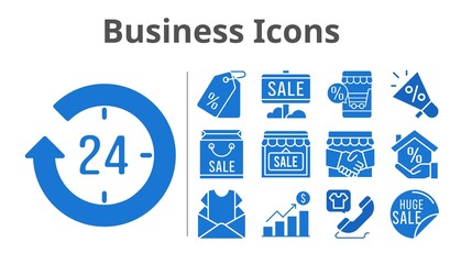 business icons set. included profits, online shop, megaphone, shopping bag, handshake, newsletter, sale, 24-hours, shop, mortgage, price tag, phone call icons. filled styles.