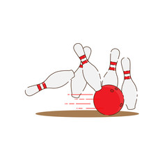 Red bowling ball strike with falling pins.