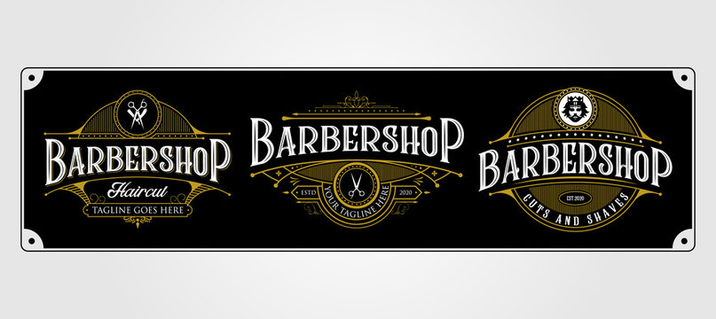 set of Barbershop vintage logo design. Vintage lettering premium illustration on dark background.