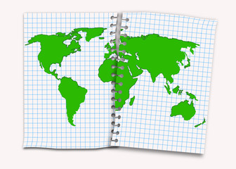 continents of the planet earth are drawn on notebook sheets. Concept on environmental protection. Isolated vector on white background