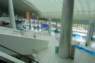 SHENZHEN, CHINA- MAY 11, 2017: Amazing building architecture inside of the terminal ferry of the...