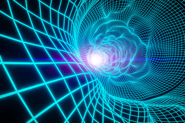 Green infinite  round tunnel of shining electronic lines on black background. 3d rendering, glowing lines, tunnel, neon lights, virtual reality..Design in the style of the 80s.