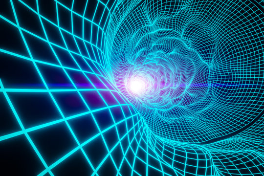 Green infinite round tunnel of shining electronic lines on black background. 3d rendering, glowing lines, tunnel, neon lights, virtual reality..Design in the style of the 80s.