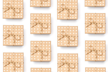 flat lay craft box with natural rope isolated on white background pattern 