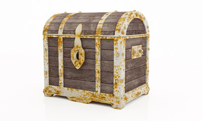 Rusty old treasure box or wooden treasure chest. Isolated on white background and wallpaper. 3D Render.