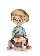 Handdrawn digital illustration of a cute baby girl doll on the white flat background wearing pajamas. New born child illustration boy painting. Baby shower isolated birthday painting card