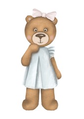 Handdrawn digital illustration of a cute teddy bear doll on the white flat background wearing beautiful dress. Baby shower isolated birthday painting card. Handmade painting.