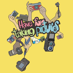 Photographer  hand character with camera shooting photography