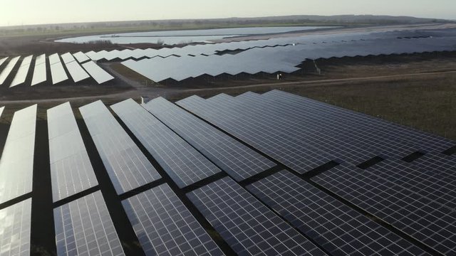 Aerial view of solar park at sunset in Germany