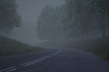霧がかかる山中の道路