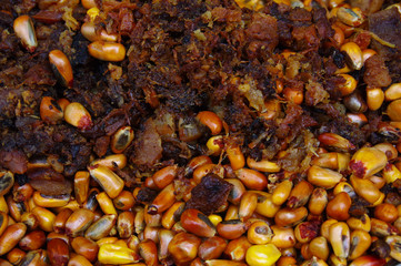 Close up of hornado roasted pork with corn toasted, ecuadorian traditional typical andean food