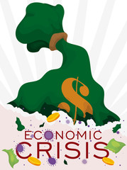 Pierced Moneybag Spilling Coins and Coronavirus due Economic Crisis due COVID-19, Vector Illustration