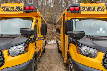 Pair of mini buses parked in bus yard landscape