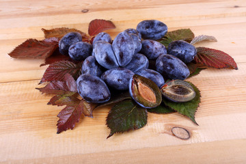 Blue plums on table
