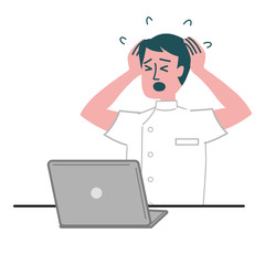 医師　医者　看護師　医療従事者　男性　パソコン　焦っている