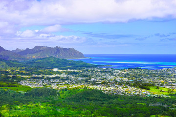 Fototapeta na wymiar ハワイ・オアフ島のヌウアヌ・パリ展望台から見るカネオヘ住宅街とカネオヘ湾とサンドバー 