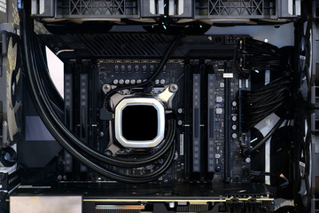 Close-up and inside high performance Desktop PC and Cooling system on CPU socket, interior on...