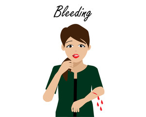 Young beautiful woman suffering from bleeding blood at her arm. Isolated on white background. Idea for accident and medical healthcare concept