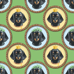 Seamless pattern with dachshunds and hand drawn elements. Childish texture. Great for fabric, textile. Digital Illustration