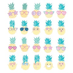 Group of five pineapples wearing different styles of sunglasses