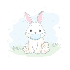 Easter bunny with protective mask vector. Funny easter bunny with coronavirus mask icon. Easter bunny wearing medical mask on face to prevent flu vector. Funny coronavirus easter 2020 greeting card