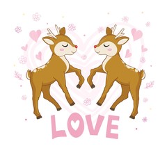 Vector illustration of a cute deer with a crown on his head on a pink background.