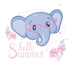 Hand drawn vector illustration of a cute baby elephant in big glasses.